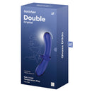 Satisfyer Double Crystal Glass Dildo Blue packaging featuring solid glass and hot & cold temperature play.
