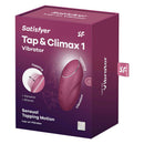 Satisfyer Tap and Climax 1 Lay-On Tapping Vibrator Red packaging with product features and descriptions.