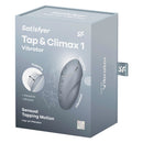 Satisfyer Tap & Climax 1 Lay-on Vibrator Blue Gray packaging showcasing elegant design and features.