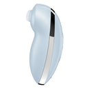 Satisfyer Tap And Climax 2 Clitoral Vibrator Blue side view showcasing its sleek design and soft blue finish.