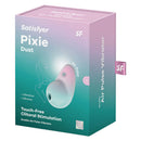 Satisfyer Pixie Dust Air Pulse Clitoral Vibrator Mint Pink packaging showcasing touch-free clitoral stimulation features.