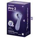 Satisfyer Pro 2 Generation 3 Air Pulse Vibrator Lilac packaging featuring Liquid Air Technology and Bluetooth features.