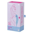 Satisfyer Twirling Pro Air Pulse Vibrator Blue packaging featuring a sleek design and dual function for intimate pleasure.