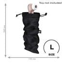 Satisfyer Treasure Bag Size L Toy Storage Black shown upright holding toy, size dimensions included.