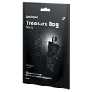 Satisfyer Treasure Bag Size L Toy Storage Black packaging displayed on a black background with product details.