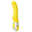Satisfyer Vibes Yummy Silicone Vibrator Sunshine Yellow with a smooth, curved design and an ergonomic control at the base.
