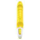 Satisfyer Vibes Yummy Silicone Vibrator Sunshine Yellow with ribbed structure and inclined tip.