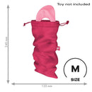 Satisfyer Treasure Bag Size M Pink Toy Storage with dimensions shown, ideal for discreet and organized storage.