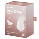 Satisfyer Dew Drop Lay-On Vibrator White packaging showcasing its beginner-friendly features and soft silicone design.