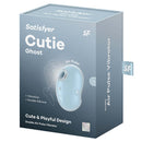 Satisfyer Cutie Ghost Air Pulse Vibrator Blue packaging showcasing its vibrant blue color and playful design.