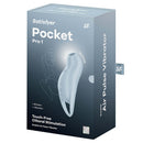 Satisfyer Pocket Pro 1 Air Pulse Clitoral Vibrator Blue packaging showcasing touch-free stimulation features.