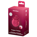 Satisfyer Tongue Twister Vibrator packaging showcasing its oral-inspired motion and features.