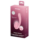 Satisfyer Tongue Genius Vibrator packaging featuring tongue-style stimulation design and USB-C recharge capability.