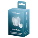 Satisfyer Drop To Go Vibrator Blue packaging featuring hygienic cap and travel-friendly design.