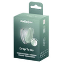 Satisfyer Drop To Go Vibrator Mint packaging featuring soft silicone design and hygienic cap.