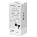 Satisfyer USB Charging Cable Black packaging illustration with magnetic connection for easy charging.