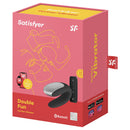 Satisfyer Double Fun Couples Vibrator Black packaging showcasing design and features for partnered pleasure.