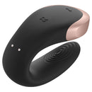 Satisfyer Double Love Couples Vibrator Black with soft silicone and metal accents for shared pleasure.