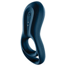 Satisfyer Epic Duo Vibrating Cock Ring in blue silicone design with dual-loop support and buttons for vibration modes.