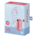 Satisfyer Cotton Candy Pressure Wave Vibrator Light Red packaging featuring the air pulse stimulator and vibration feature.