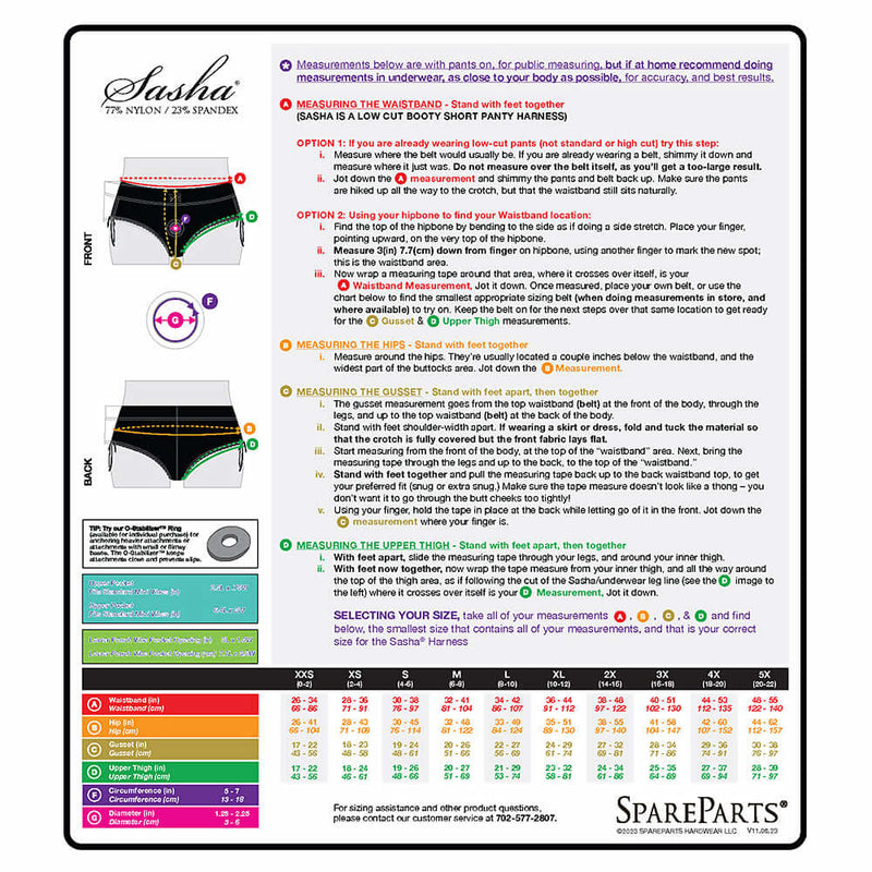 SpareParts Sasha Cinch Booty Short Harness Black Size 2XL measurement guide and fitting instructions.