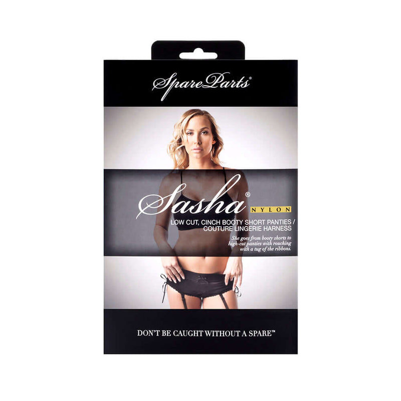 SpareParts Sasha Cinch Booty Short Harness Black Size XS packaging showcasing stylish design and high-quality materials.