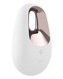 Satisfyer White Temptation Lay On Vibrator White with elegant rose gold accents and textured surface.