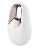Satisfyer White Temptation Lay On Vibrator White with elegant rose gold accents and smooth surface.