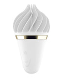 Satisfyer Sweet Treat Clitoral Stimulator White Gold in white with gold accents, featuring a unique design for clitoral stimulation.