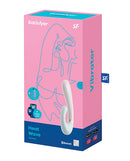 Satisfyer Heat Wave Heated Rabbit Vibrator Mint packaging with features highlighted.