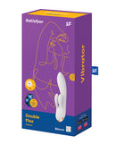 Satisfyer Double Flex Rabbit Vibrator White packaging with Bluetooth and app features highlighted.