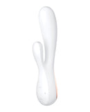 Satisfyer Mono Flex App Controlled Rabbit Vibrator White with silicone finish and dual motors for stimulation.