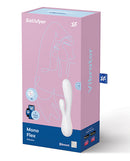 Satisfyer Mono Flex App Controlled Rabbit Vibrator White packaging with sleek design and Bluetooth features.