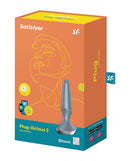 Satisfyer Plug-ilicious 2 Vibrating Butt Plug Ice Blue packaging, featuring Bluetooth app connectivity and tapered design.