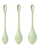 Satisfyer Yoni Power 2 Balls Training Set Light Green includes three weighted Ben Wa balls for pelvic floor training.