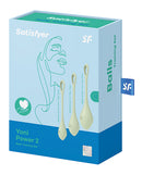 Satisfyer Yoni Power 2 Balls Training Set Light Green packaging with three weighted Ben Wa balls.