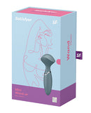 Satisfyer Mini Wand-er Silicone Wand Vibrator Grey packaging design featuring a sleek wand vibrator.