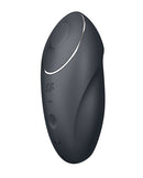 Satisfyer Tap & Climax 1 Tapping Clitoral Vibrator Grey side view showcasing sleek design and control buttons.