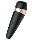 Satisfyer Pro 3 Vibrations Clitoral Stimulator in sleek black design with gold accents and control buttons.