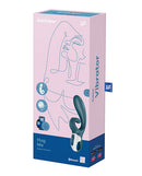 Satisfyer Hug Me App Controlled Rabbit Vibrator Grayblue packaging showcasing the product features and design.