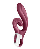 Satisfyer Love Me Rabbit Vibrator Red showcasing its curved design for G-spot and clitoral stimulation.