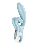 Satisfyer Touch Me Rabbit Vibrator Blue with dual stimulation and split clitoral arm for enhanced pleasure.