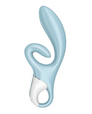 Satisfyer Touch Me Rabbit Vibrator Blue showcasing dual stimulation with a sleek design and split clitoral stimulator.