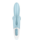 Satisfyer Touch Me Rabbit Vibrator Blue with dual stimulation and split clitoral arm for enhanced pleasure.