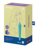 Satisfyer Ultra Power Bullet 8 Vibrator Turquoise packaging with app-enabled features and Bluetooth.