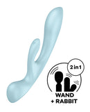 Satisfyer Triple Oh Rabbit Vibrator Light Blue showcasing dual stimulation design with wand and rabbit functions.