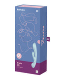 Satisfyer Triple Oh Rabbit Vibrator Light Blue packaging showcasing its hybrid design and stimulating features.