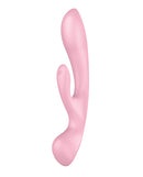Satisfyer Triple Oh Rabbit Vibrator Pink showcasing its flexible silicone design for G-spot and clitoral stimulation.