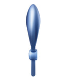 Satisfyer Sniper Vibrating Cock Ring Blue Grey shown from the side, featuring a sleek blue design and adjustable loop.