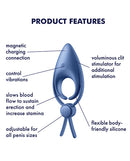 Satisfyer Sniper Vibrating Cock Ring Blue Grey product features including magnetic charging, control vibrations, and adjustable silicone.
